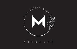 Creative initial letter M logo with lettering circle hand drawn flower element and leaf. vector