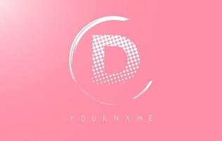 White D letter logo design with white dots and white circle frame on pink background. vector