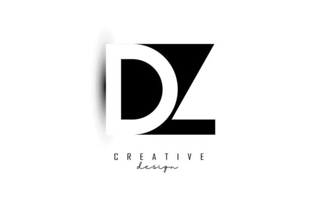 Letters DZ Logo with black and white negative space design. Letters D and z with geometric typography.