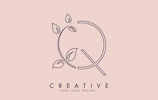 Outline Leaf Letter Q Logo Design with Leaves on a Branch and Pink Background. Letter Q with nature concept. vector