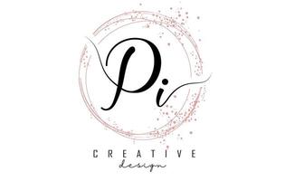 Handwritten Pi P i letter logo with sparkling circles with pink glitter.