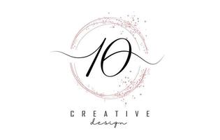 Handwritten 10 ten number logo with dust pink sparkling circles and glitter. vector