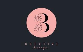 B letter logo design with Monstera leaf one line drawing on a pink circle background vector illustration.