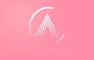 White A letter logo design with white dots and white circle frame on pink background. vector