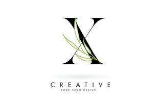 Elegant X letter logo design with long leaves branch vector illustration.