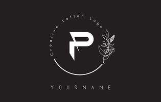 Creative initial letter P logo with lettering circle hand drawn flower element and leaf. vector