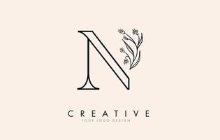 Black Outline N letter logo design with black flowers vector illustration.