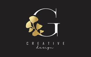 Creative white G Letter logo design with golden leaves. Vector Illustration with with Botanical elements. Nature vector template design concept with G letter.