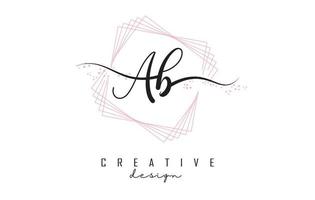 Handwritten AB a b letters logo with pink sparkling squares and glitter. vector