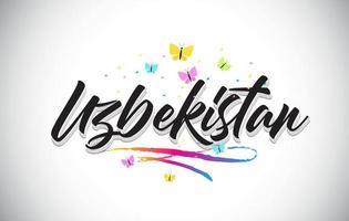 Uzbekistán texto de palabra vectorial manuscrita con mariposas y colorido swoosh. vector