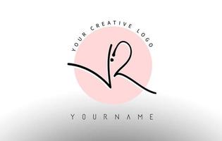 Handwritten Letters VR v r Logo with rounded lettering and pink circle background design. vector