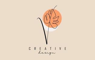 Simple and elegant handwritten V letter logo design with Monstera leaf one line frawing and two circles vector illustration.