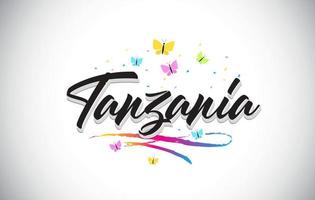 Texto de palabra de vector escrito a mano de Tanzania con mariposas y colorido swoosh.
