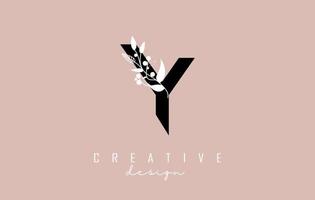 Y Black Letter Logo with white leaves, leaf, branch design. Creative and elegant vector illustration with letter Y.