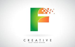 Diseño de logotipo letra f en colores brillantes con pequeños bloques rotos sobre fondo blanco. vector
