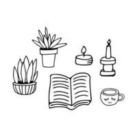 el libro está abierto, una vela, té, una flor en una maceta. concepto de lectura. bosquejo dibujado a mano estilo doodle. , minimalismo, monocromo. aficiones, aprendizaje vector