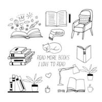 libros establecer icono. bosquejo dibujado a mano estilo doodle. vector, minimalismo, monocromo. biblioteca, aprender a leer, pasatiempo de letras. vector