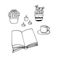 el libro está abierto, vela, té, flor, taza, un cactus en una olla. concepto de lectura. bosquejo dibujado a mano estilo doodle. , minimalismo, monocromo. pasatiempos aprender hogar acogedor vector