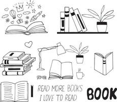 libros establecer icono. bosquejo dibujado a mano estilo doodle. , minimalismo, monocromo. biblioteca, aprendizaje, lectura, letras vector