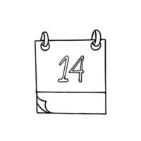 Página de calendario con el número 14 dibujado a mano en estilo doodle. forro escandinavo simple. día de san valentín, planificación, negocios, fecha. elemento único para icono de diseño, pegatina vector