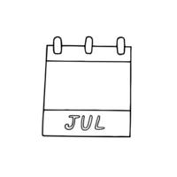 Mano de la página del calendario del mes de julio dibujada en estilo doodle. forro escandinavo simple. planificación, negocios, fecha, día. elemento único para icono de diseño, pegatina vector