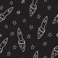 rocket flies among the stars seamless pattern. hand drawn doodle style. monochrome, sketch. wallpaper, textiles, room decor, background for children, boys. space, adventure simple naive childish vector