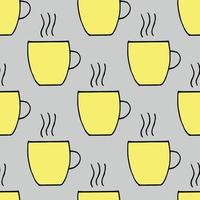 taza y vapor de patrones sin fisuras. estilo de dibujo dibujado a mano. , minimalismo, boceto. colores de moda 2021, amarillo, gris. papel pintado, textil, papel de regalo, fondo bebida caliente café té menú vector