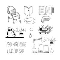 libros establecer icono. bosquejo dibujado a mano estilo doodle. , minimalismo, monocromo. biblioteca, aprender a leer, pasatiempo de letras. vector