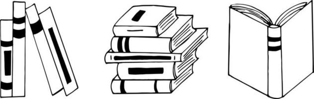 libros establecer icono. bosquejo dibujado a mano estilo doodle. , minimalismo, monocromo. biblioteca, aprendizaje, lectura, letras vector