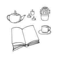 el libro está abierto, vela, té, tetera, taza, un cactus en una olla. concepto de lectura. bosquejo dibujado a mano estilo doodle. , minimalismo, monocromo. pasatiempos aprender hogar acogedor vector