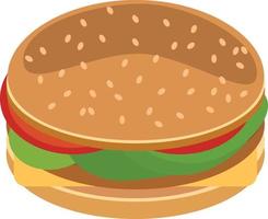 hamburguesa con queso, tomate, ensalada, hamburguesas, bollos y sésamo en estilo plano. elemento único para el diseño. comida rapida americana vector