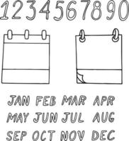 folletos, números, nombres de meses. dibujado a mano en estilo doodle. constructor. elementos de diseño de calendario para todos los días del año vector