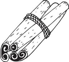 palitos de canela atados con cuerda doodle dibujado a mano. elemento único para icono de diseño, etiqueta, menú, pegatina. comida, condimentos especias vector