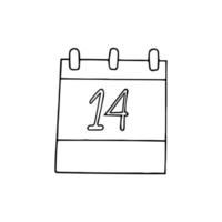 Página de calendario con el número 14 dibujado a mano en estilo doodle. forro escandinavo simple. día de san valentín, planificación, negocios, fecha. elemento único para icono de diseño, pegatina vector