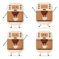 Set of cute coffee machine and cup character with different emotions. Flat vector illustration in cartoon style.