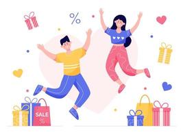 Valentine's Day Sale advertise banner. Happy woman and man jumping with hearts and gift boxes. Flat vector illustration.