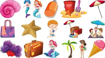 Set of summer beach objects and cartoon characters vector