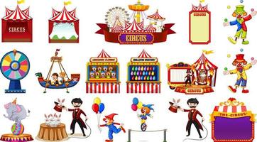 conjunto de personajes de circo y elementos del parque de atracciones. vector