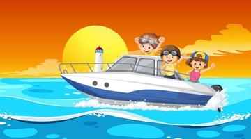 paisaje de playa con niños felices en barco vector