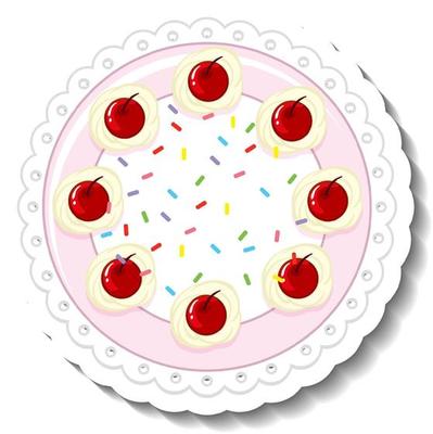 Top view of sweet cherry cake in cartoon style