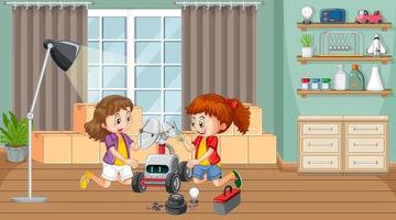 niños arreglando un robot juntos en la escena de la habitación vector
