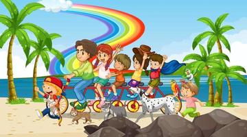 Beach scene with happy family riding a bicycle together vector