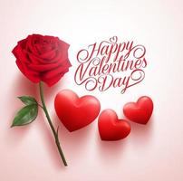 3D Realistic Red Rose and Hearts with Happy Valentines Day Message. Vector Illustration