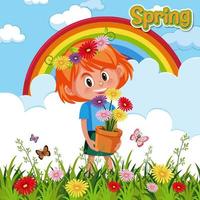 Happy girl holding flower pot in the garden vector