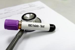Blood sample tube for RBC Folate test. To measures the amount of folate in the blood.  Folic acid. Red blood cell folate concentration is considered the most reliable indicator of folate status.