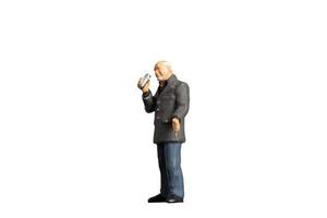 Reporter holding microphone  standing on white background with clipping path photo
