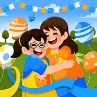 Amigo de la infancia abrazándose en la celebración mundial del síndrome de down vector