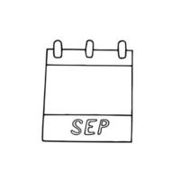 Mano de la página del calendario del mes de septiembre dibujada en estilo doodle. forro escandinavo simple. planificación, negocios, fecha, día. elemento único para icono de diseño, pegatina vector