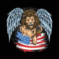 un león con alas sosteniendo una bandera americana