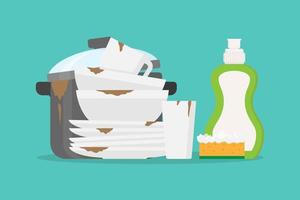 Dirty dishes, pan and dish soap flat design illustration vector